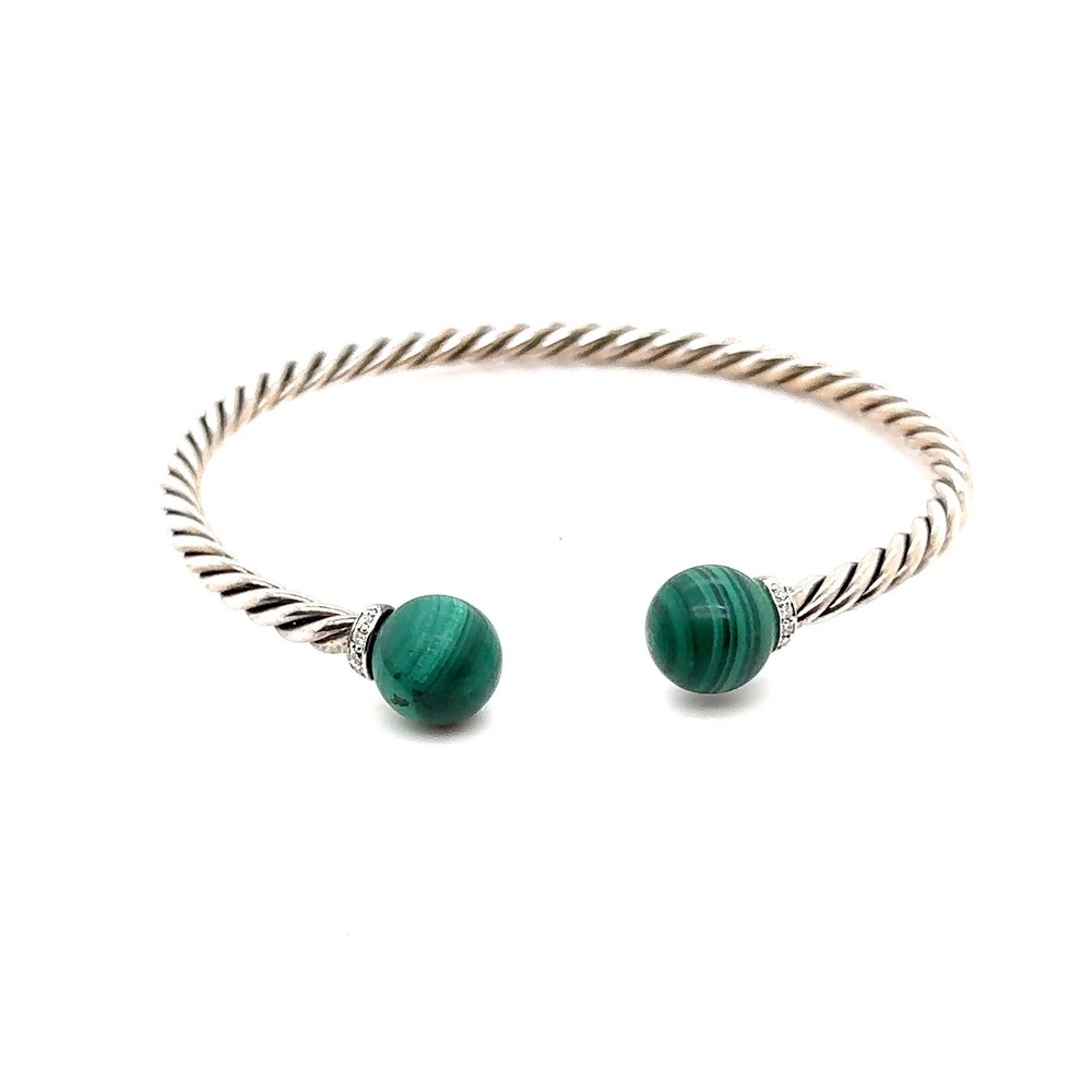 David Yurman Solari Malachite Diamond Sterling Silver Cable Bypass Bracelet M